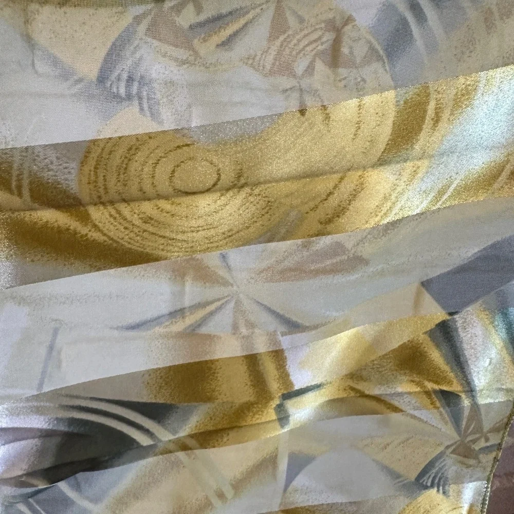 Vintage Abstract Geometric Scarf‎ Yellow Gold Grey Satin Chiffon Stripe 19in